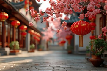 A street with red lanterns hanging from the trees