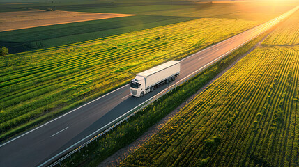 Aerial shot of a truck driving on an asphalt road at dusk