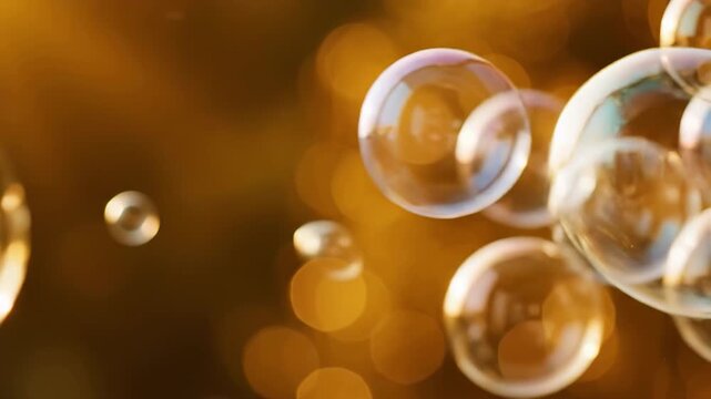 Soap bubbles drifting in warm golden light with shimmering reflections