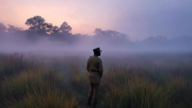 Wildlife Conservation Officer Standing in Foggy Wetland During Sunrise for World Wildlife Day