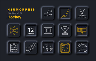 Hockey set icon. Shows skates, sticks, puck, whistle, helmet, goal, trophy, strategy board, ice field, snowflake, timer, scoreboard, number badge