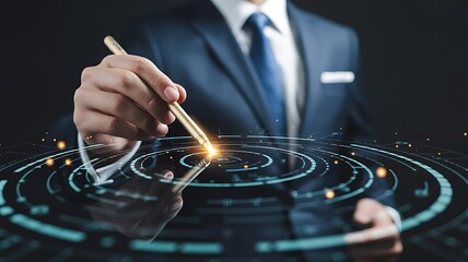 Businessman Using Stylus on Futuristic Digital Interface for Data Analysis and Tech Innovation Concept