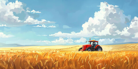 An illustration of a tractor in a golden wheat field in autumn