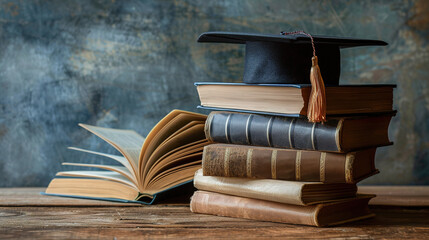 A stack of open book pages against a blackboard background, with educational themes