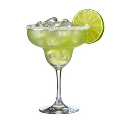 Refreshing Margarita Cocktail Drink with Lime and a Salt Rim, a classic alcoholic beverage perfect for summer, isolated on a white background.