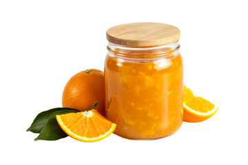 Delicious homemade orange jam and fruit spread in a elegant glass jar, surrounded by fresh oranges and slices on a clean white background.