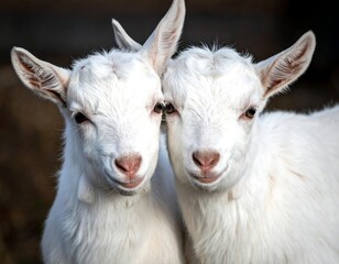 Obraz premium A close-up photo of two white goats with short fur standing side by side