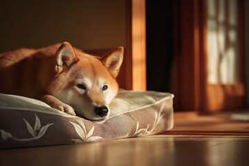 A Shiba Inu lying on a soft pet bed in a cozy interior with warm lighting.