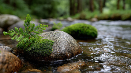 Moss-covered rocks and flowing stream in lush forest setting