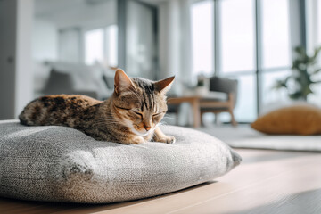 A cat resting on a contemporary pet cushion in a minimalist interior.