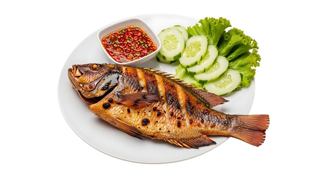 Grilled fish on a plate with sliced cucumbers and chili sauce isolated on transparent background