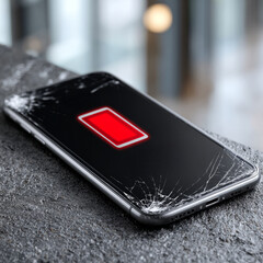 Smartphone with cracked screen and low battery on concrete surface
