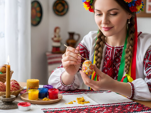A woman in a beautiful Ukrainian embroidered dress carefully paints a traditional pysanka egg preserving cultural