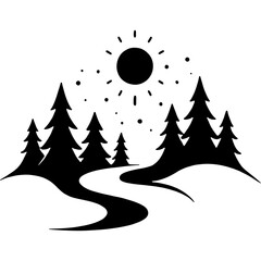 Forest path in a spruce forest on a sunny hot day. Engraving minimalistic vector in black ink drawing on transparent background