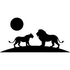 Female and male African lion. Engraving minimalistic vector in black ink drawing on transparent background