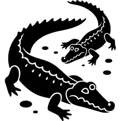 Mother crocodile and baby alligator. Engraving minimalistic vector in black ink drawing on transparent background