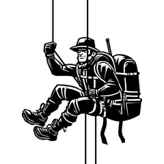 Sketchy sport emblem of experienced climber descends on ropes from top of mountain with a huge backpack in monochrome. Engraving minimalistic vector in black ink drawing on transparent background