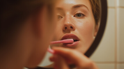 A person brushes their teeth while looking in a mirror.