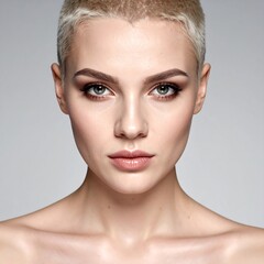 A close-up portrait of a woman with short blonde hair and green eyes