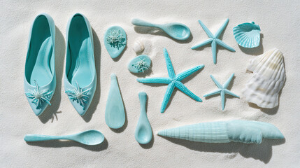 Tropical beach accessories artistically arranged, featuring starfish and seashells on sand.
