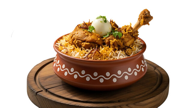 Delicious chicken biryani in a traditional clay pot on wooden board isolated on transparent background