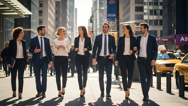 Business professionals walking down a city street