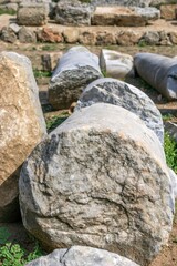 Historical Marble Column Fragments at Mediterranean Archeological Site for Tourism. Side, Turkey.