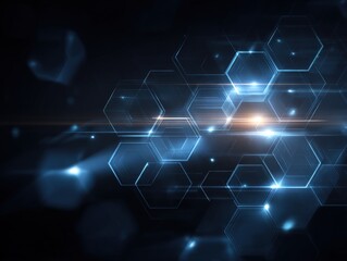 Abstract digital design featuring glowing blue and white hexagons over a dark background. Modern tech aesthetic.