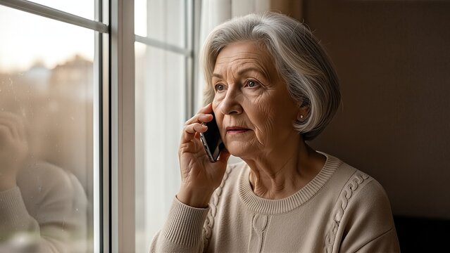 Elderly woman with gray hair, sitting by window, talking on smartphone, expressing concern, illustrating the impact of telephone scammers on vulnerable individuals
