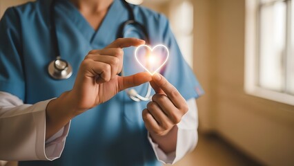 Healthcare professional in blue scrubs holding a glowing heart symbol representing compassionate patient care and cardiology health. Healthcare day