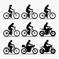 Obraz premium Different people riding various types of bicycles and motorcycles