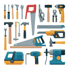 Collection of various tools and equipment for carpentry and construction
