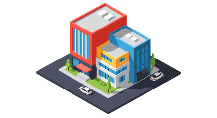 Colorful commercial structures in an isometric vector design forming a modern downtown city block with roads and vehicles, illustrating the concept of urban development and commercial real