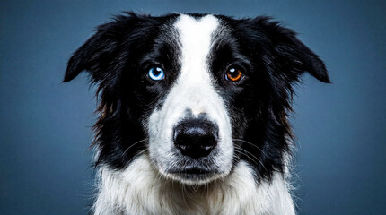 Close up portrait of a Border Collie dog with heterochromia different colored eyes looking at camera on dark background, Generative AI.
