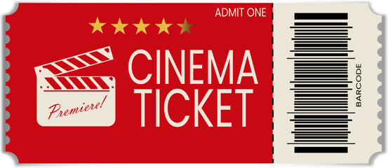 Red cinema ticket featuring a "Premiere!" clapperboard icon, five-star rating, barcode, and "ADMIT ONE" text on a perforated stub.