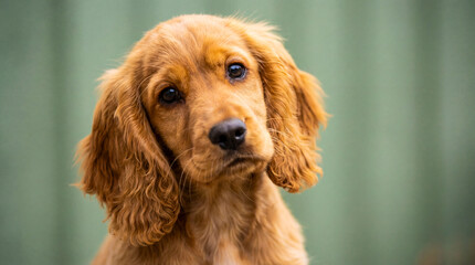 Cute golden Cocker Spaniel puppy portrait with head tilt looking at camera on blurred green nature background, Generative AI.