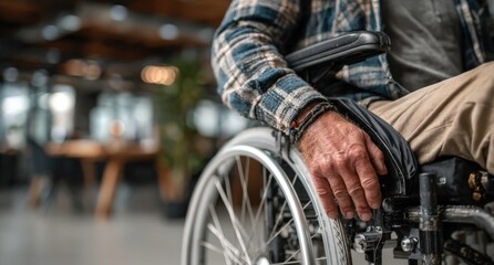 Obraz premium Close-up of a hand resting on the armrest of a wheelchair, showcasing the intricate details of the wheelchair design and the person's attire in a modern workspace environment