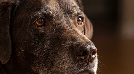Close up portrait of old Chocolate Labrador Retriever with soulful brown eyes and grey muzzle looking up on dark background, Generative AI.