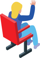 Woman waving her hand while sitting on a red chair, seen from an isometric perspective