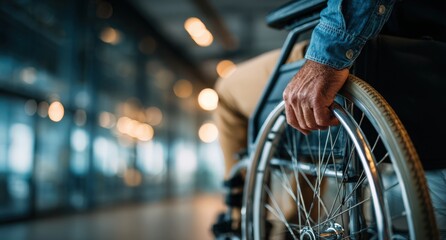 Naklejka premium Close-up of a hand gripping the wheel of a wheelchair, showcasing mobility and independence in a modern, well-lit environment with blurred background elements
