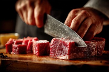 Chef slicing fresh red meat on a wooden cutting board with a sharp knife, showcasing culinary skills and attention to detail in a warm kitchen environment