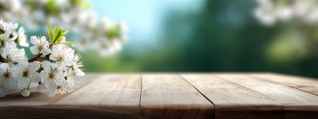 A wooden table with a vase of white flowers on it
