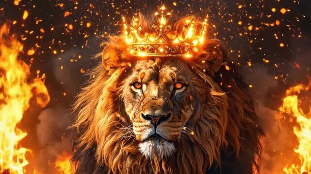 Majestic lion portrait with a golden crown, surrounded by flames and sparks.