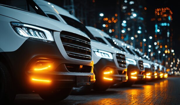 Fleet of white delivery vans parked in a row at night, illuminated by warm orange lights, showcasing modern design and urban environment with city skyline in background