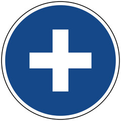 Obraz premium Vektor Illustration weißes Plus Zeichen auf blauem rundem Schild Symbol für Hilfe Gesundheit Medizin Addition positiv und Sicherheit Icon Grafik