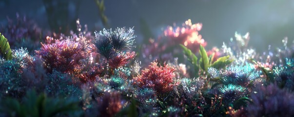 Silicon meadow with glowing crystal shrubs and ambient mist
