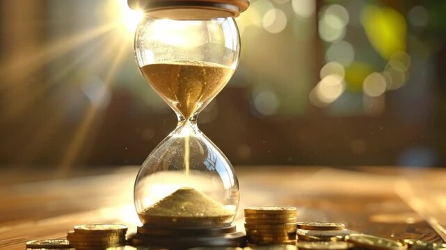 Hourglass with golden sand and coins, symbolizing time is money and investment.
