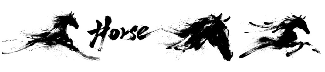 Chinese new year of the horse zodiac brush painting with dynamic ink strokes on white background