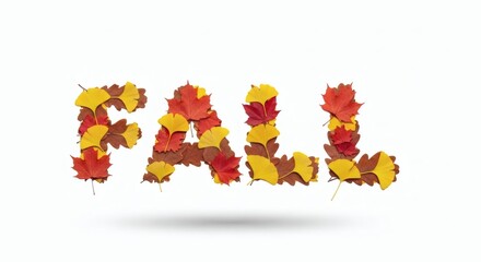 Season set, changing weather. The word "FALL", letters built from layered maple, oak, and ginkgo leaves on white background. Colorful text for autumn beginning