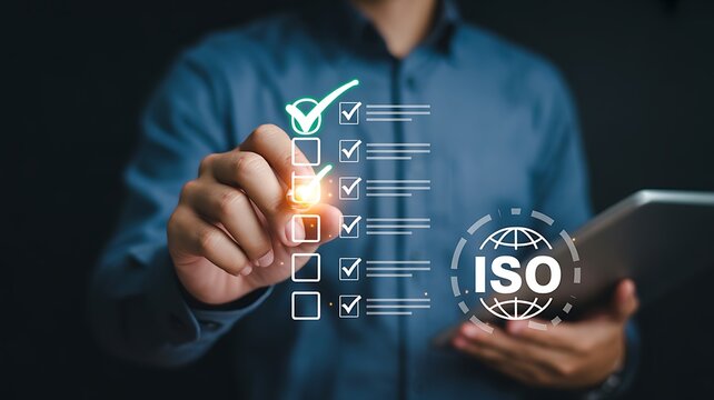 ISO Certification and Quality Management System Compliance with Businessman Checking Off Virtual Standard Requirements - Powered by Adobe